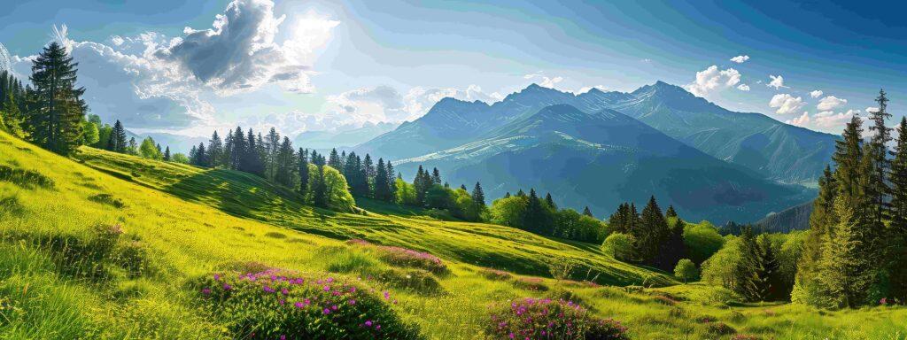 Idyllische Berglandschaft in den Alpen mit blühenden Wiesen im Sommerfrühling.