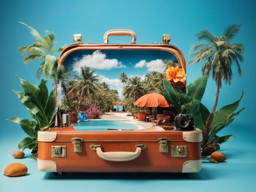 Reise-Koffer mit exotischem Reiseziel öffnen