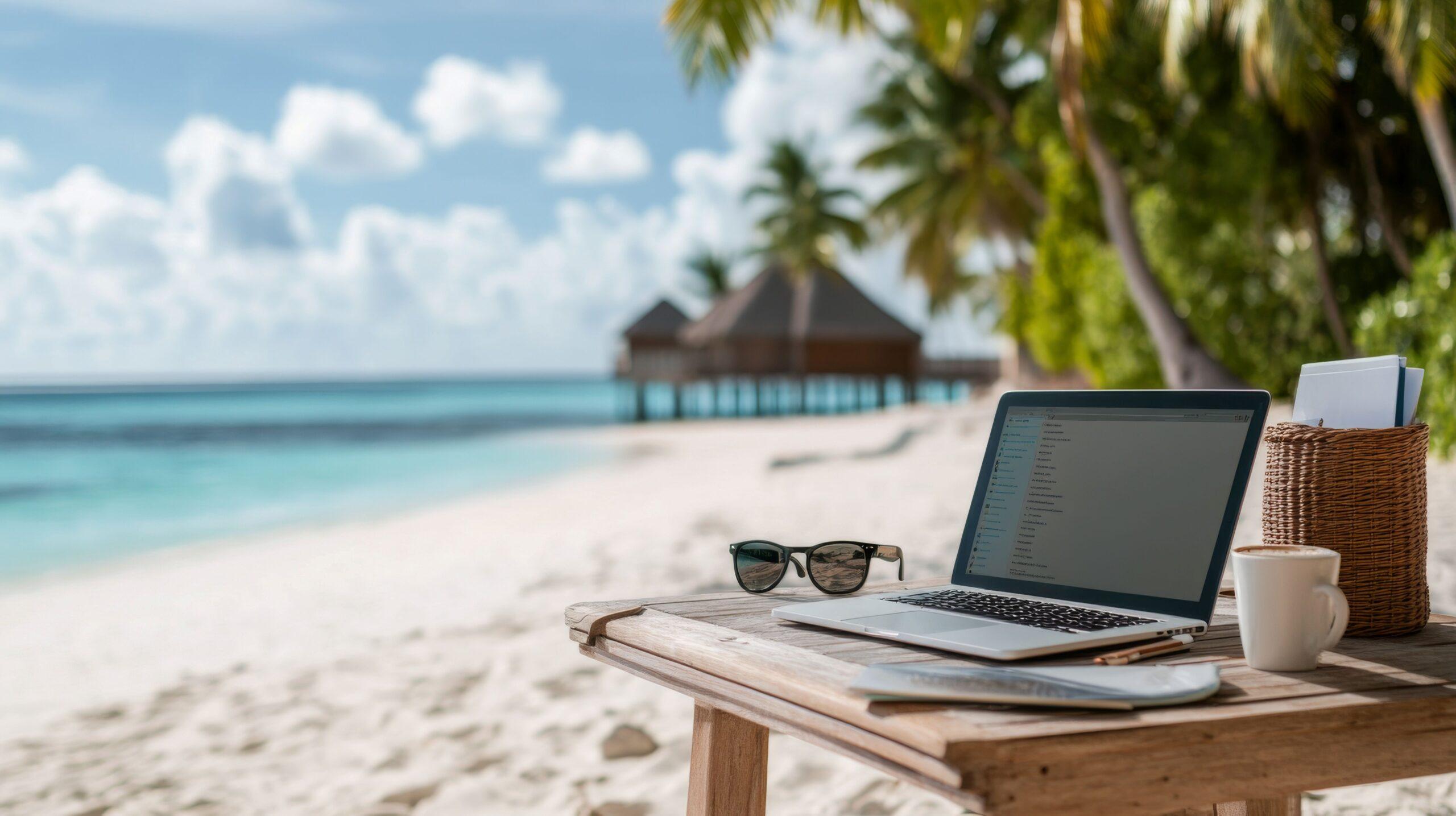 Von einem Laptop und Kaffee an einem sonnigen Strand in einem tropischen Paradies aus arbeiten