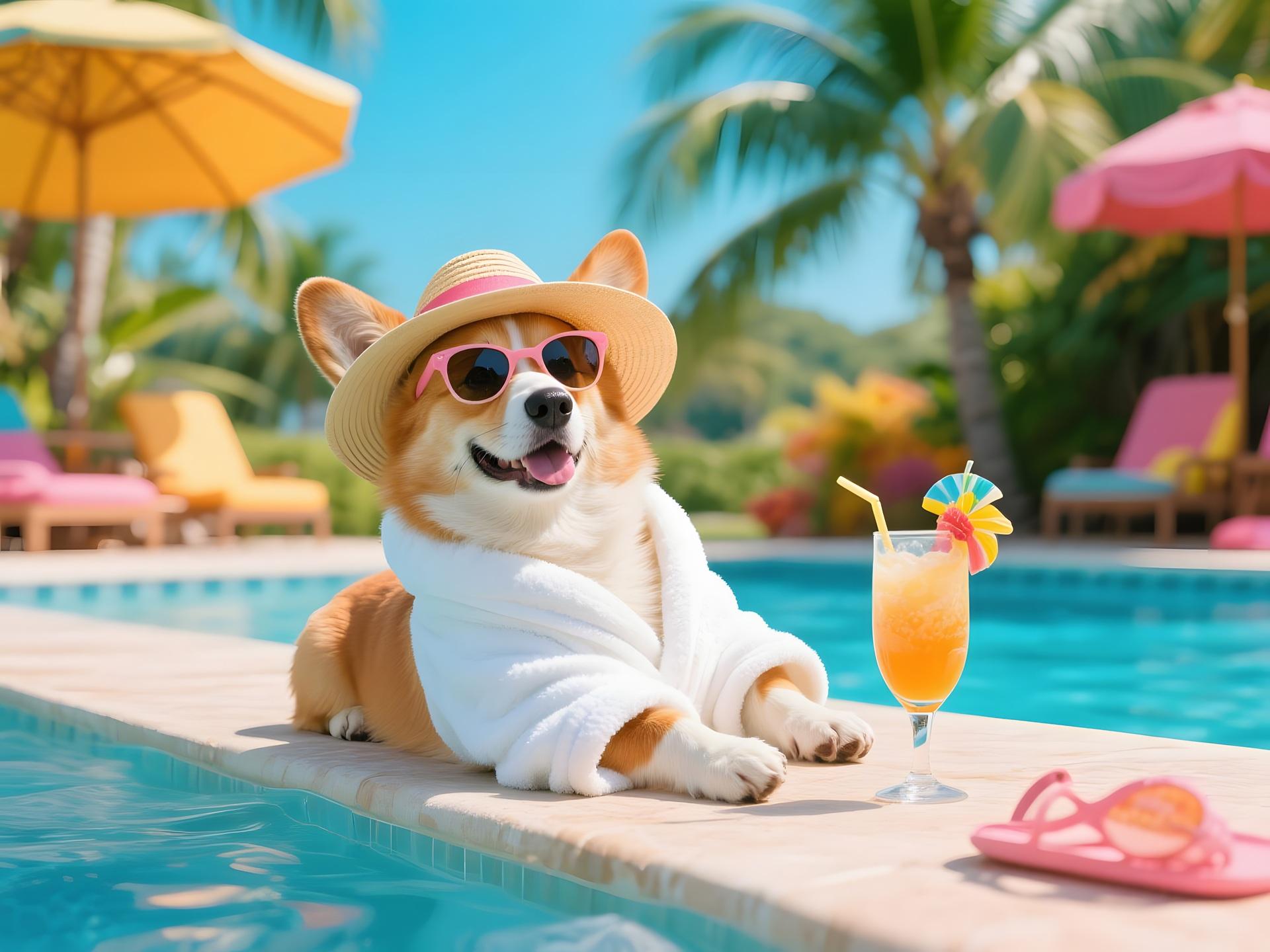 Hund mit Sonnenhut und Cocktail am Poolrand | Sardinien Urlaub mit Hund